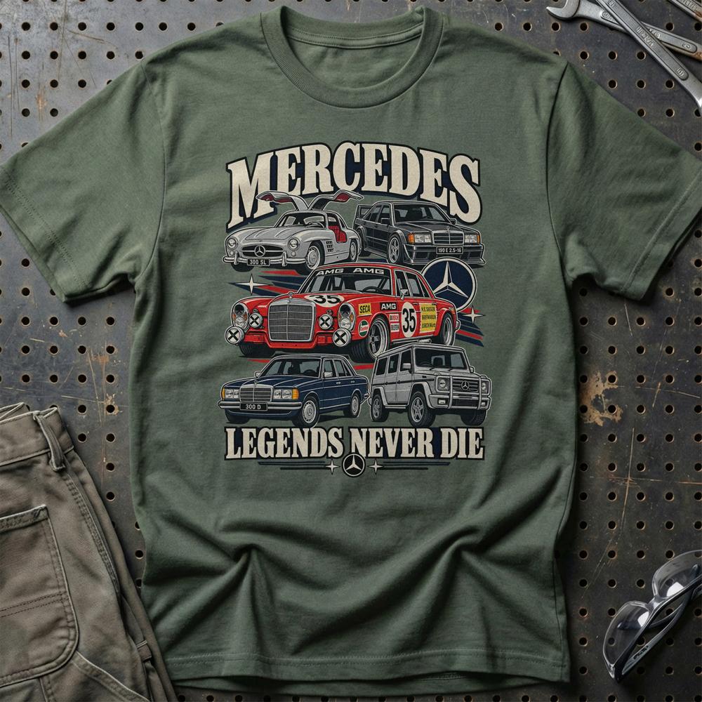 Mercedes-Benz Legends Never Die T-Shirt-Beklædning-Mercedes-Grøn Militær-S-Garage Culture Shop- garage - man cave - merchandise