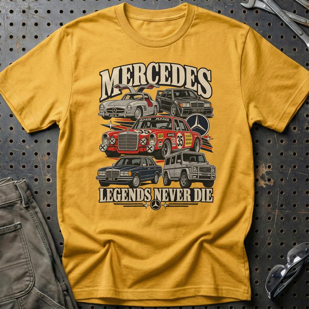 Mercedes-Benz Legends Never Die T-Shirt-Beklædning-Mercedes-Guld-S-Garage Culture Shop- garage - man cave - merchandise