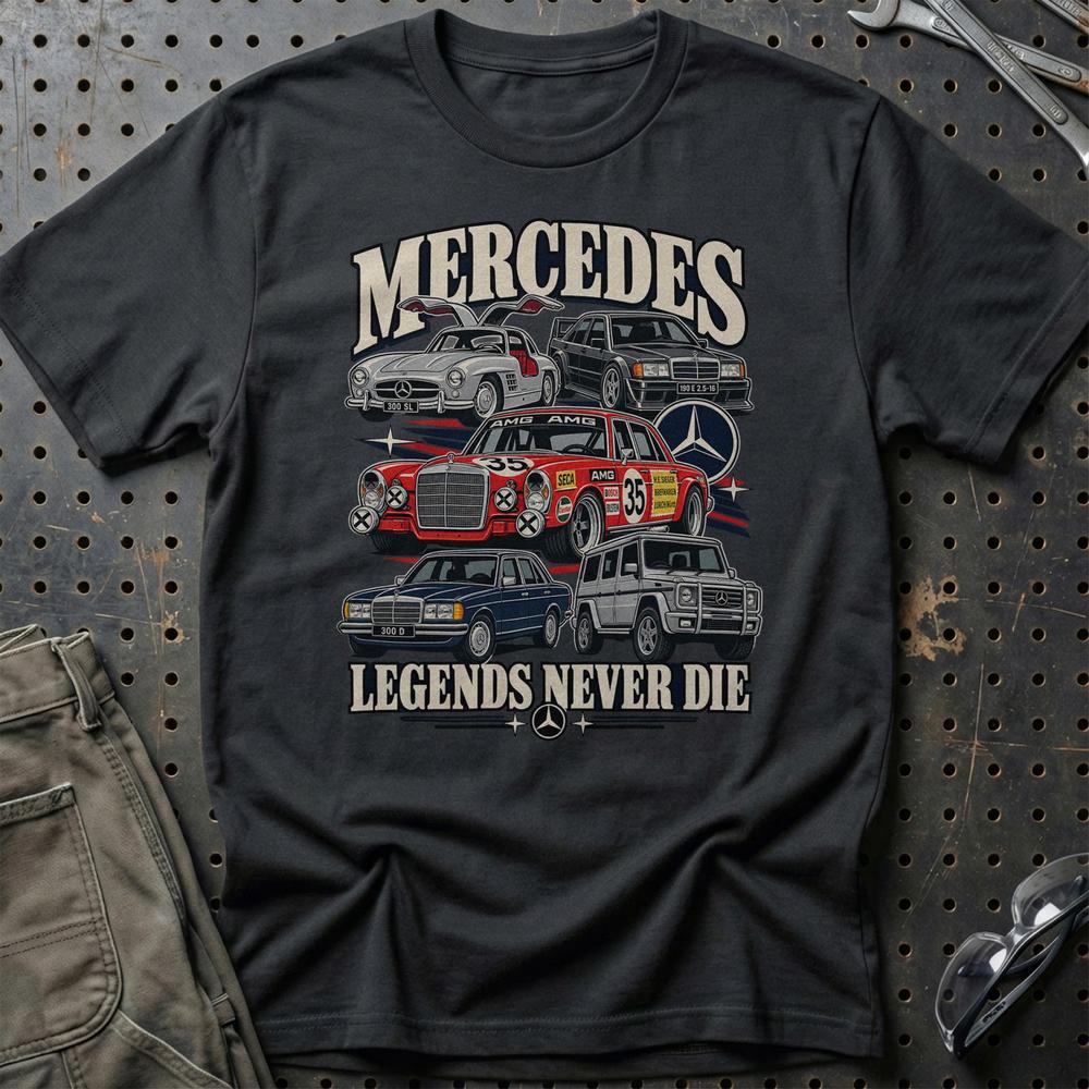 Mercedes-Benz Legends Never Die T-Shirt-Beklædning-Mercedes-Sort-S-Garage Culture Shop- garage - man cave - merchandise