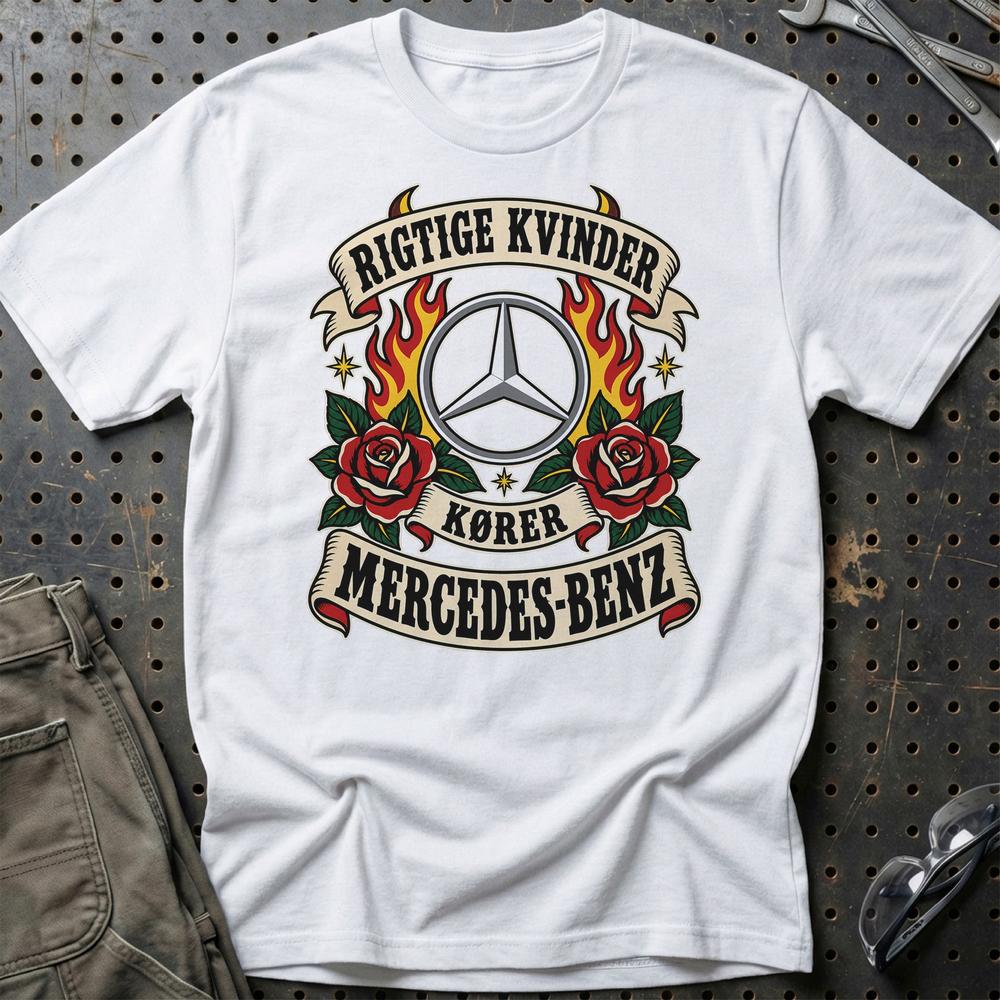 Mercedes-Benz Rigtige Kvinder Kører – Roser og Flammer T-Shirt-Beklædning-Mercedes-Hvid-S-Garage Culture Shop- garage - man cave - merchandise
