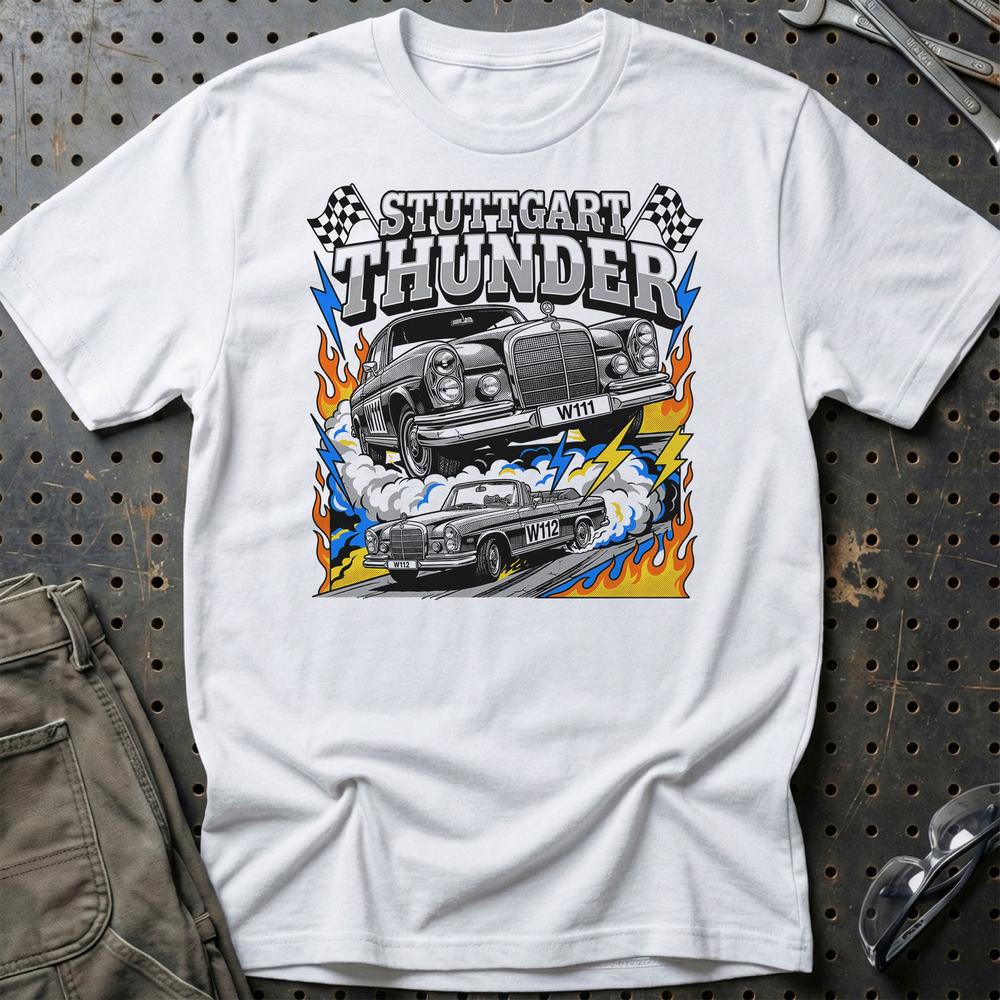 Mercedes-Benz W111 W112 Classic Stuttgart Thunder T-Shirt-Beklædning-Mercedes-Hvid-S-Garage Culture Shop- garage - man cave - merchandise
