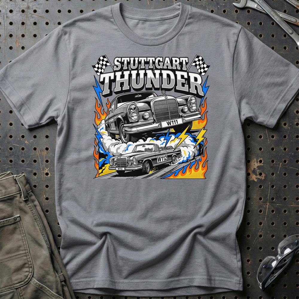 Mercedes-Benz W111 W112 Classic Stuttgart Thunder T-Shirt-Beklædning-Mercedes-Grå Sport-S-Garage Culture Shop- garage - man cave - merchandise