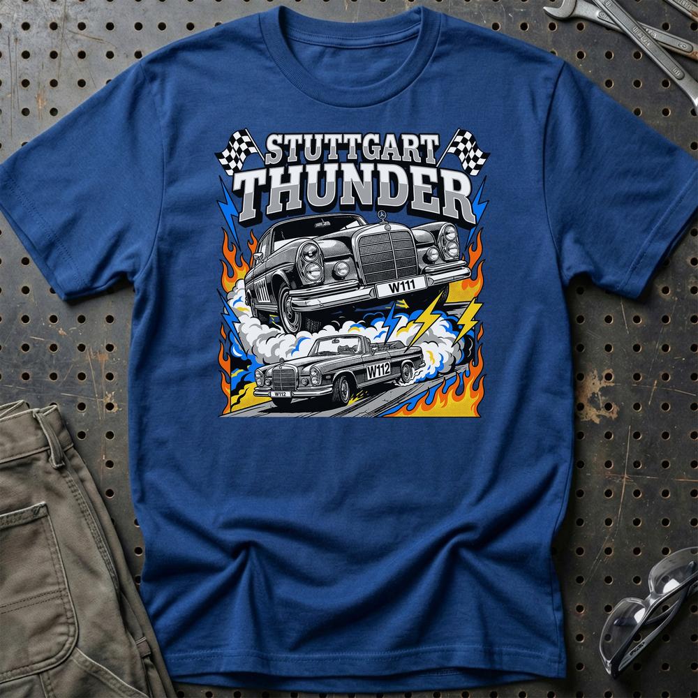 Mercedes-Benz W111 W112 Classic Stuttgart Thunder T-Shirt-Beklædning-Mercedes-Blå Royal-S-Garage Culture Shop- garage - man cave - merchandise