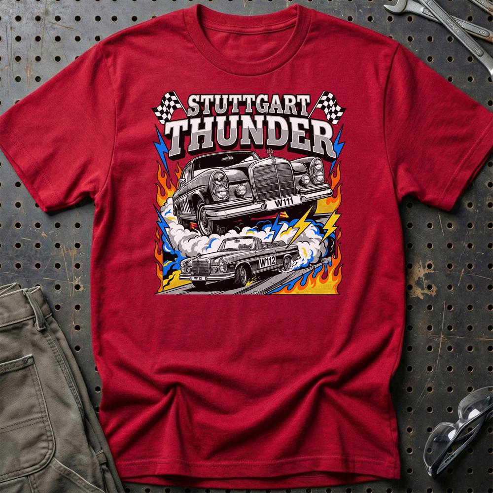 Mercedes-Benz W111 W112 Classic Stuttgart Thunder T-Shirt-Beklædning-Mercedes-Rød-S-Garage Culture Shop- garage - man cave - merchandise