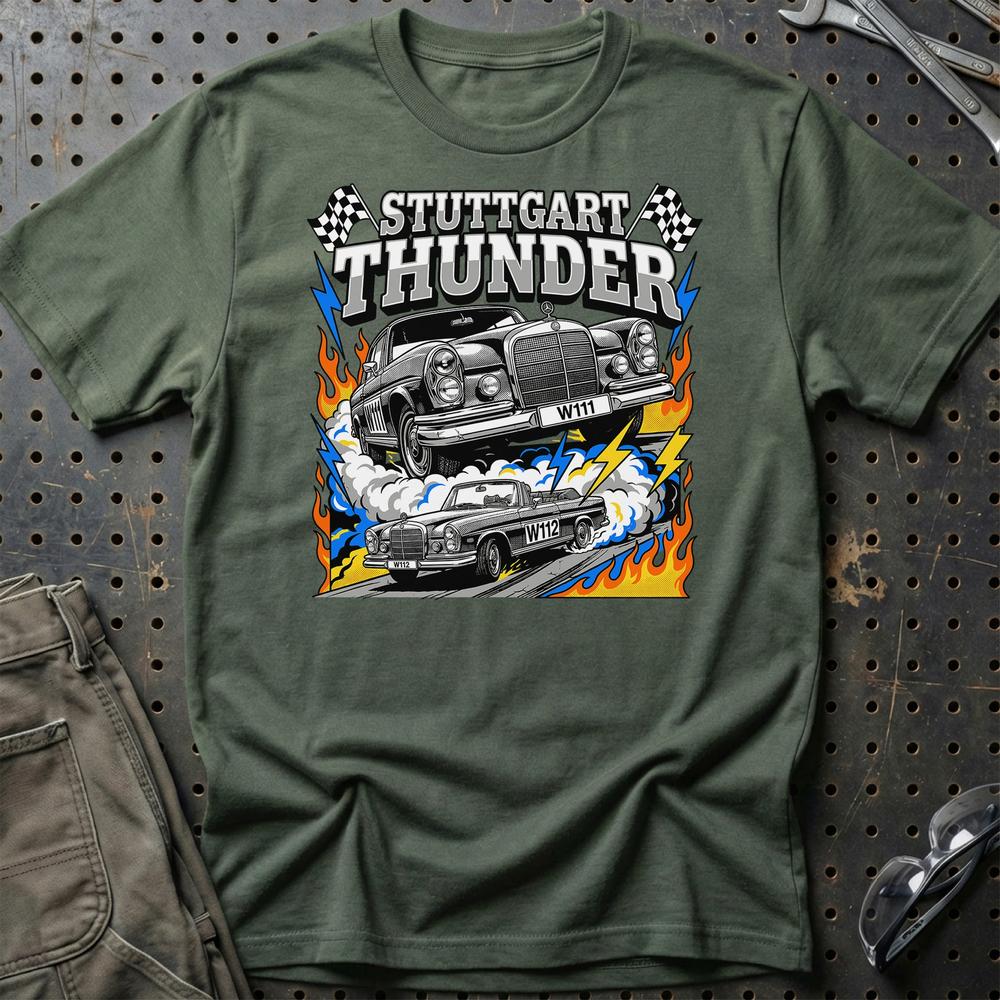 Mercedes-Benz W111 W112 Classic Stuttgart Thunder T-Shirt-Beklædning-Mercedes-Grøn Militær-S-Garage Culture Shop- garage - man cave - merchandise