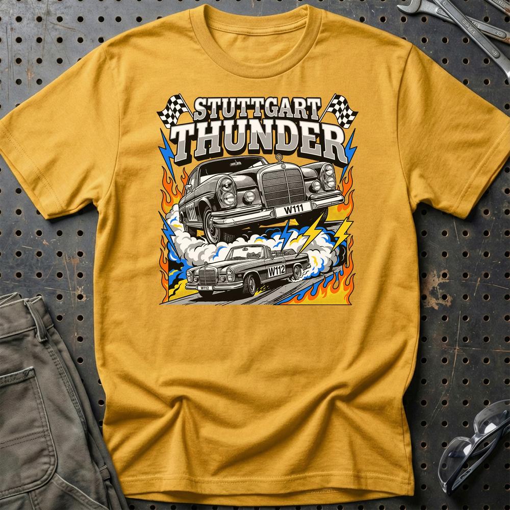Mercedes-Benz W111 W112 Classic Stuttgart Thunder T-Shirt-Beklædning-Mercedes-Guld-S-Garage Culture Shop- garage - man cave - merchandise