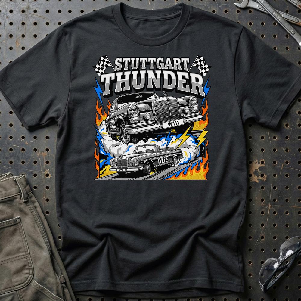 Mercedes-Benz W111 W112 Classic Stuttgart Thunder T-Shirt-Beklædning-Mercedes-Sort-S-Garage Culture Shop- garage - man cave - merchandise