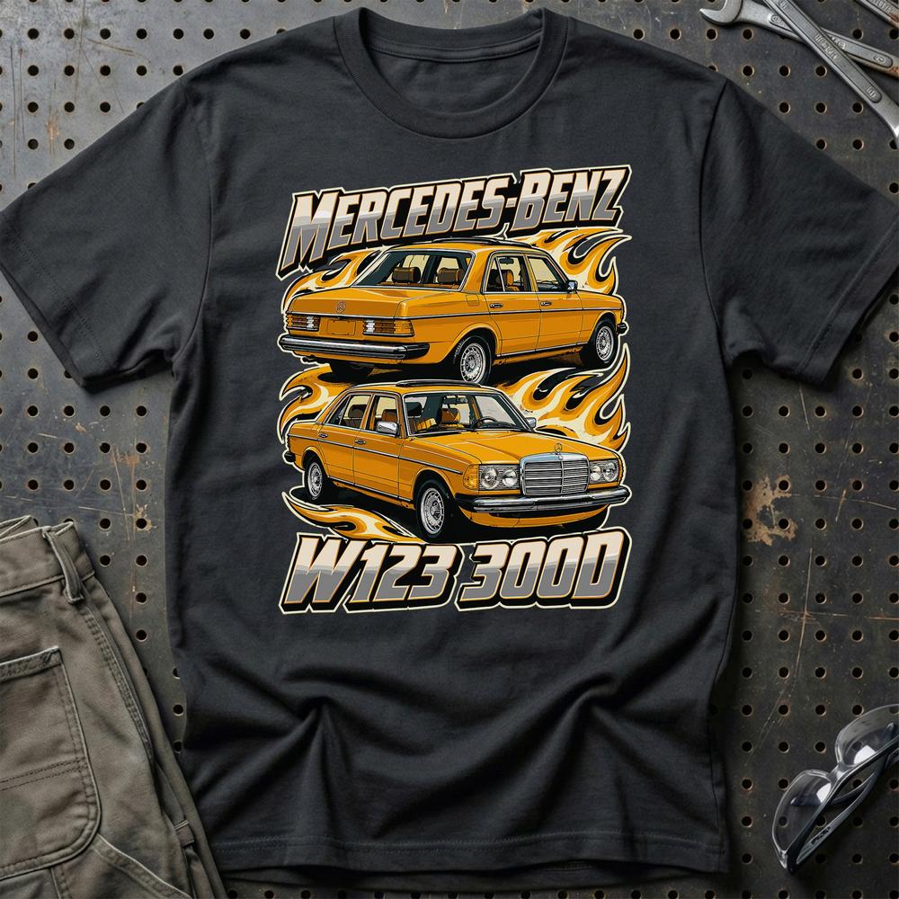 Mercedes-Benz W123 300D T-Shirt-Beklædning-Garage Culture-Sort-S-Garage Culture Shop- garage - man cave - merchandise