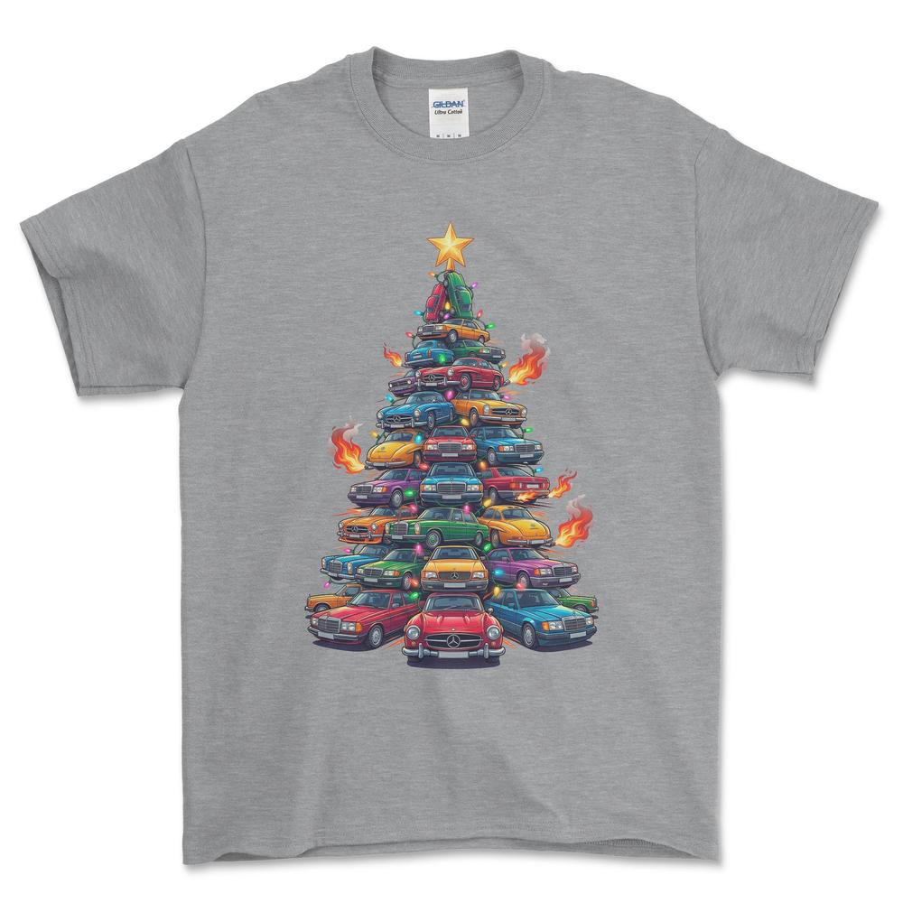 Mercedes Juletræ Christmas Tree - Unisex T-Shirt-Beklædning-Mercedes-Grå Sport-S-Forside-Garage Culture Shop- garage - man cave - merchandise