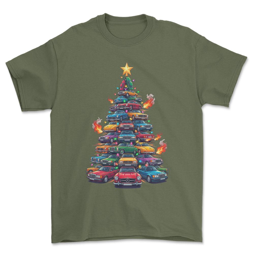 Mercedes Juletræ Christmas Tree - Unisex T-Shirt-Beklædning-Mercedes-Grøn Militær-S-Forside-Garage Culture Shop- garage - man cave - merchandise