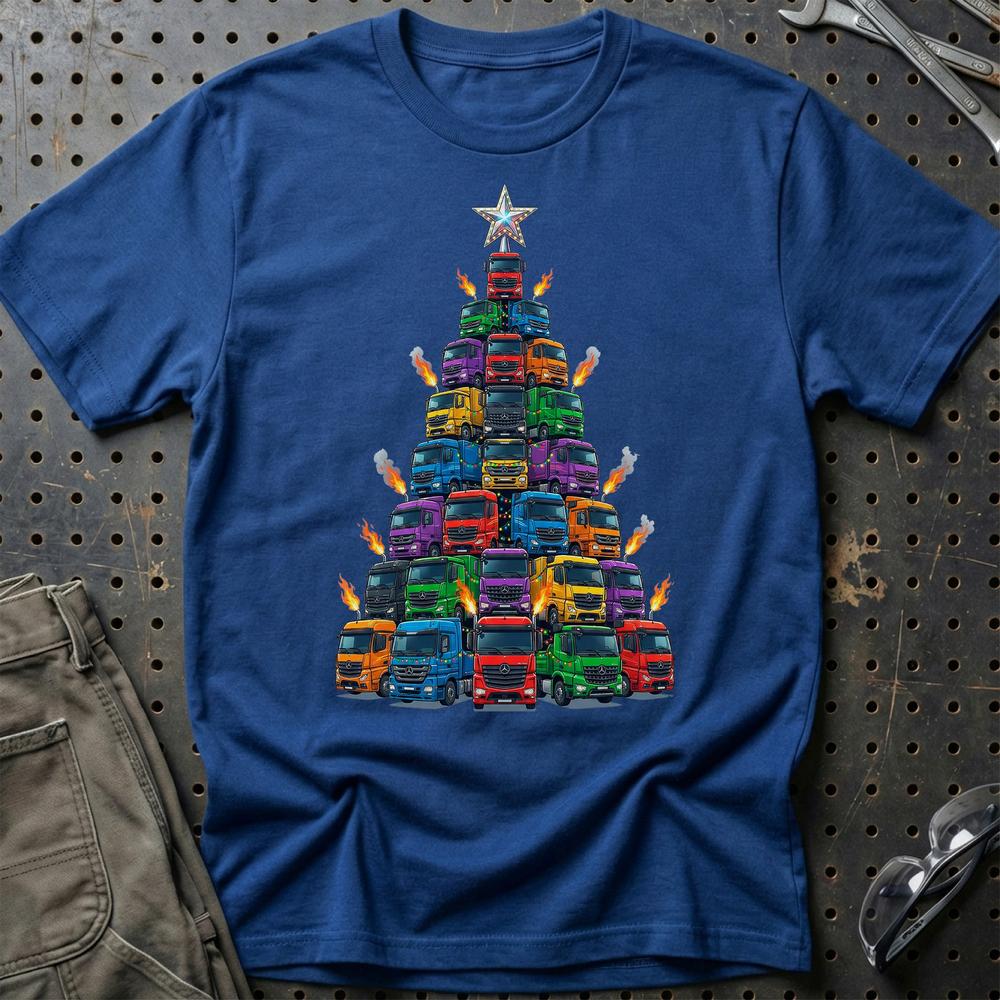 Mercedes Lastbil Juletræ Christmas Tree T-Shirt-Beklædning-Mercedes-Blå Royal-S-Garage Culture Shop- garage - man cave - merchandise