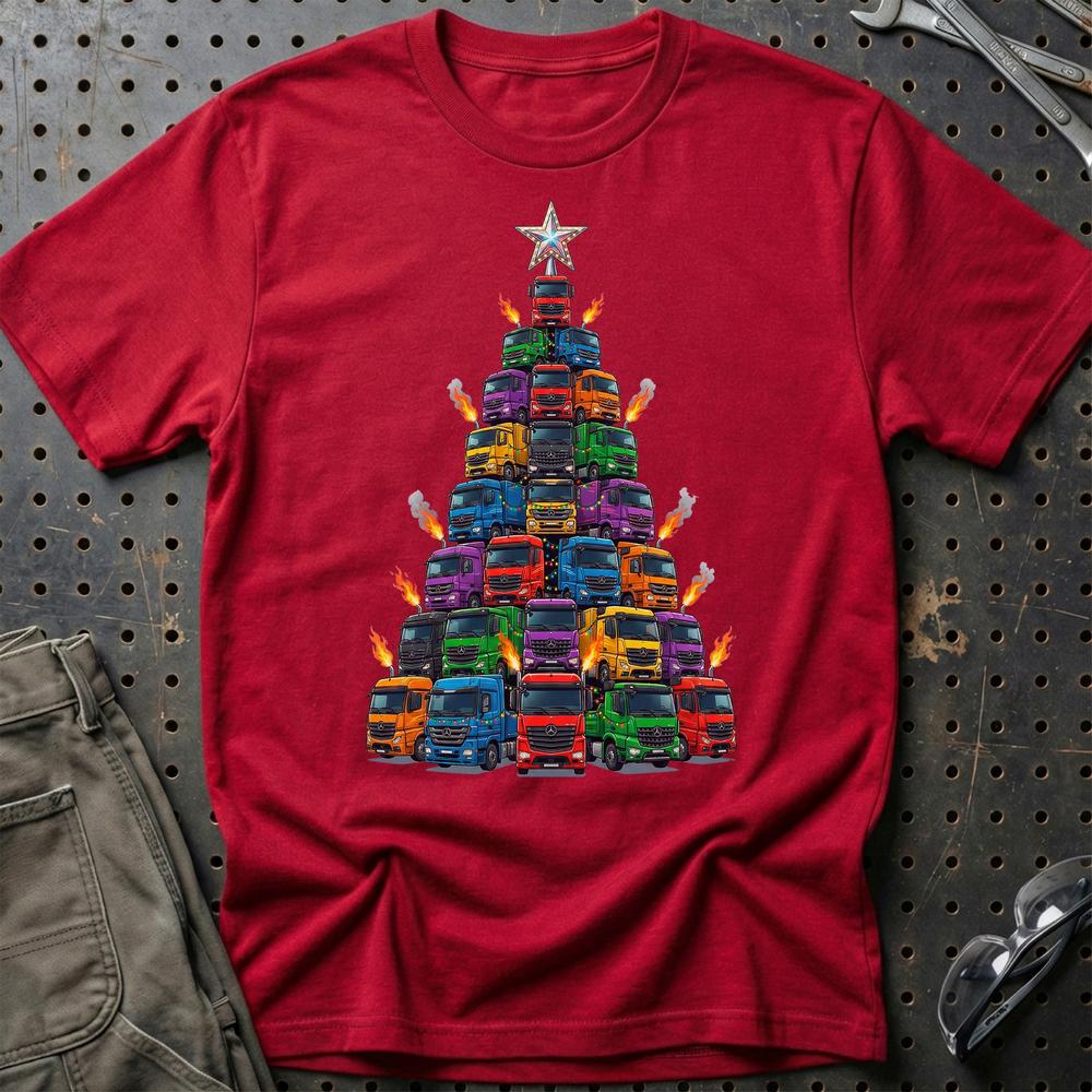 Mercedes Lastbil Juletræ Christmas Tree T-Shirt-Beklædning-Mercedes-Rød-S-Garage Culture Shop- garage - man cave - merchandise