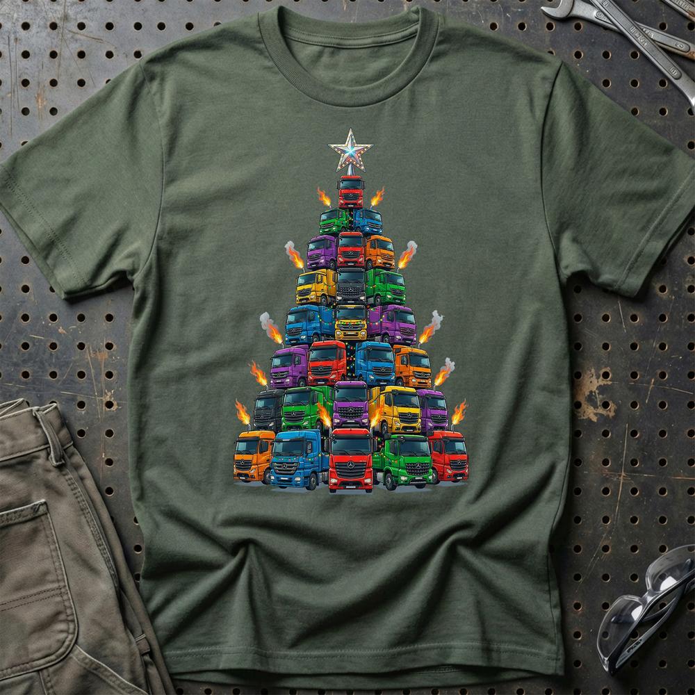 Mercedes Lastbil Juletræ Christmas Tree T-Shirt-Beklædning-Mercedes-Grøn Militær-S-Garage Culture Shop- garage - man cave - merchandise
