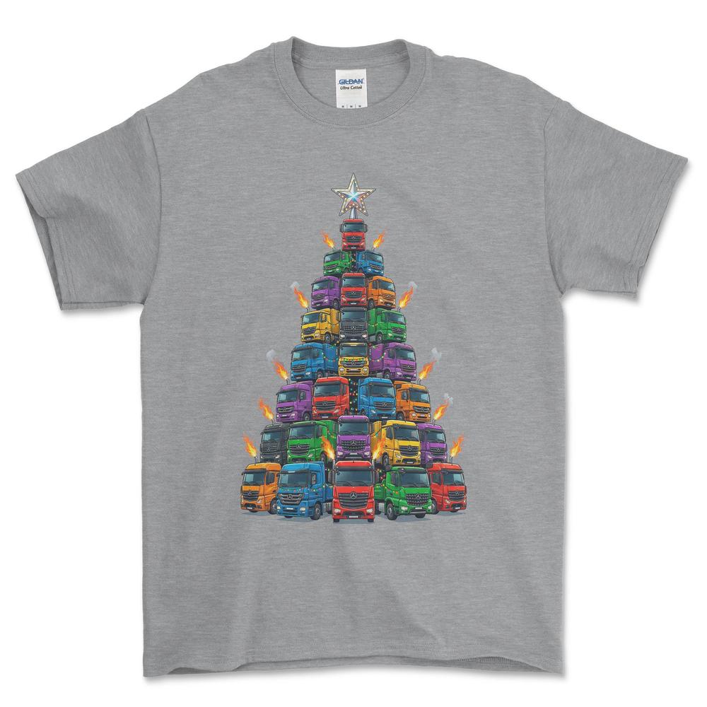 Mercedes Lastbil Juletræ Christmas Tree - Unisex T-Shirt-Beklædning-Mercedes-Grå Sport-S-Forside-Garage Culture Shop- garage - man cave - merchandise