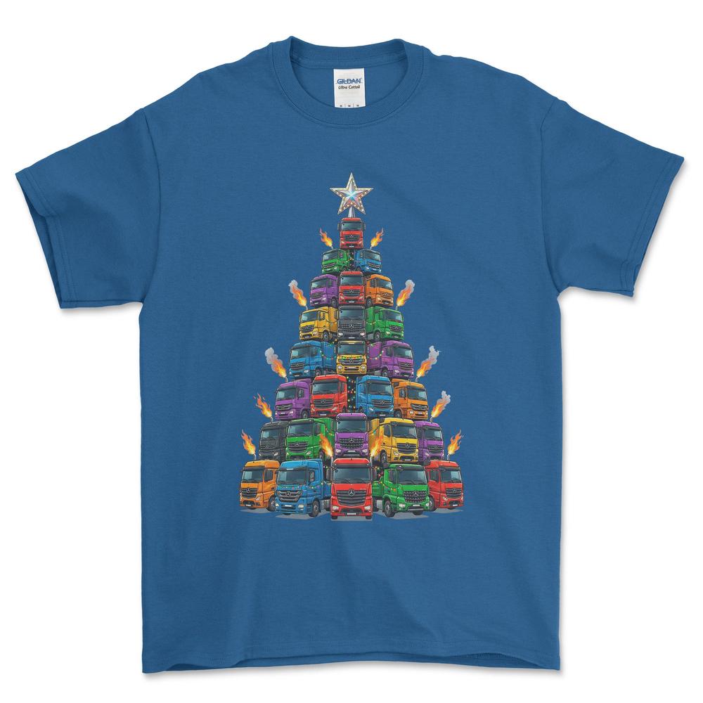 Mercedes Lastbil Juletræ Christmas Tree - Unisex T-Shirt-Beklædning-Mercedes-Blå Royal-S-Forside-Garage Culture Shop- garage - man cave - merchandise