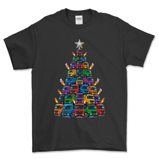 Mercedes Lastbil Juletræ Christmas Tree - Unisex T-Shirt-Beklædning-Mercedes-Sort-S-Forside-Garage Culture Shop- garage - man cave - merchandise