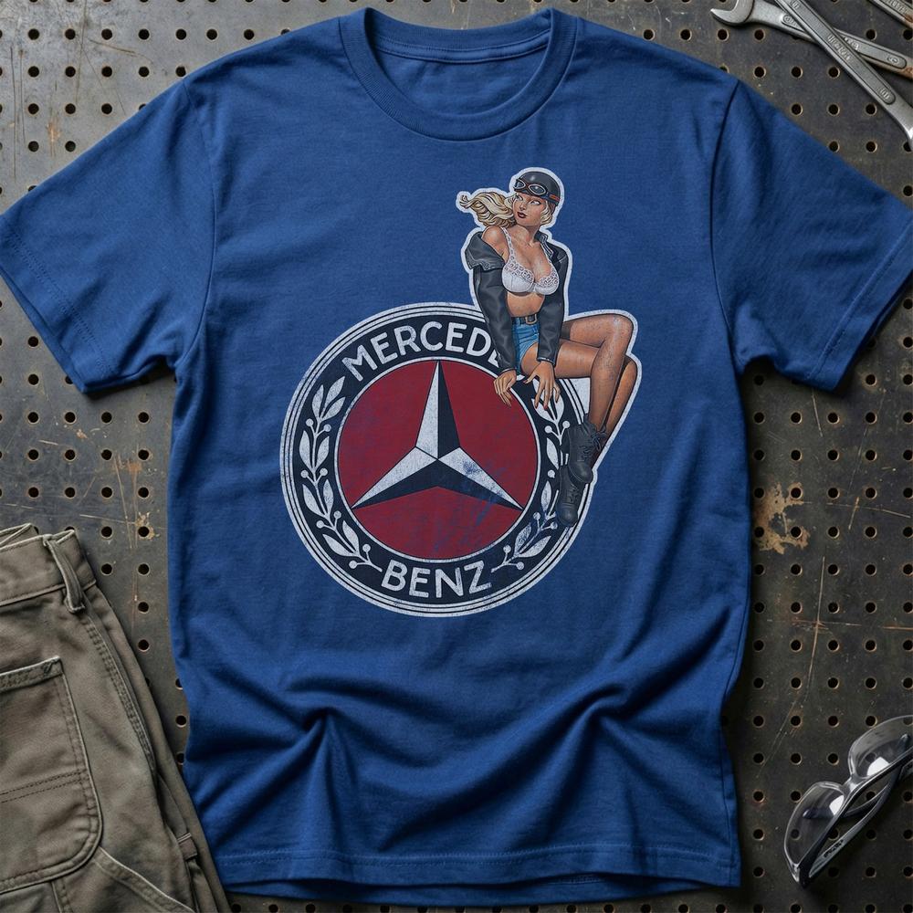 Mercedes Pinup T-Shirt-Beklædning-Mercedes-Blå Royal-S-Garage Culture Shop- garage - man cave - merchandise