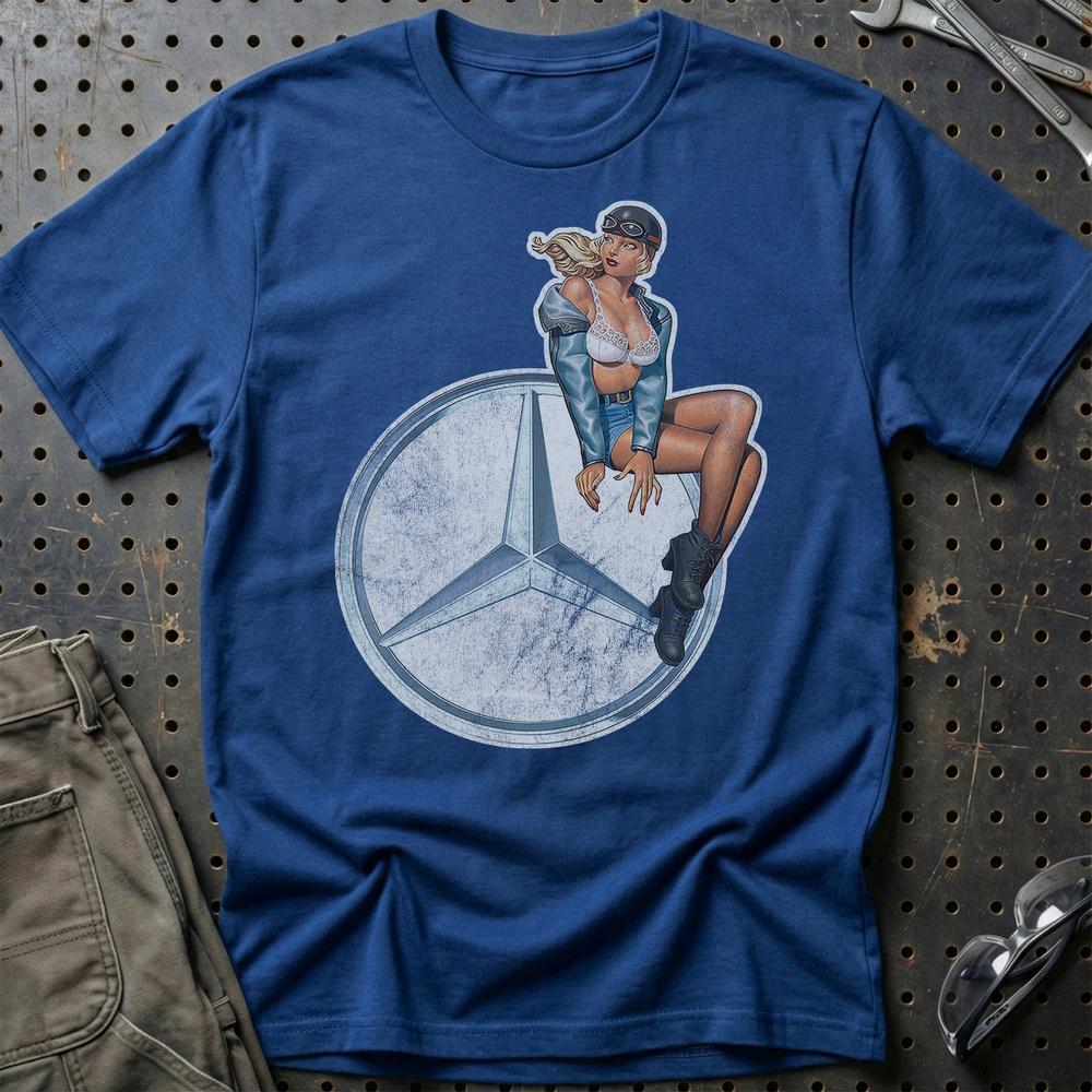 Mercedes Pinup T-Shirt-Beklædning-Mercedes-Blå Royal-S-Garage Culture Shop- garage - man cave - merchandise
