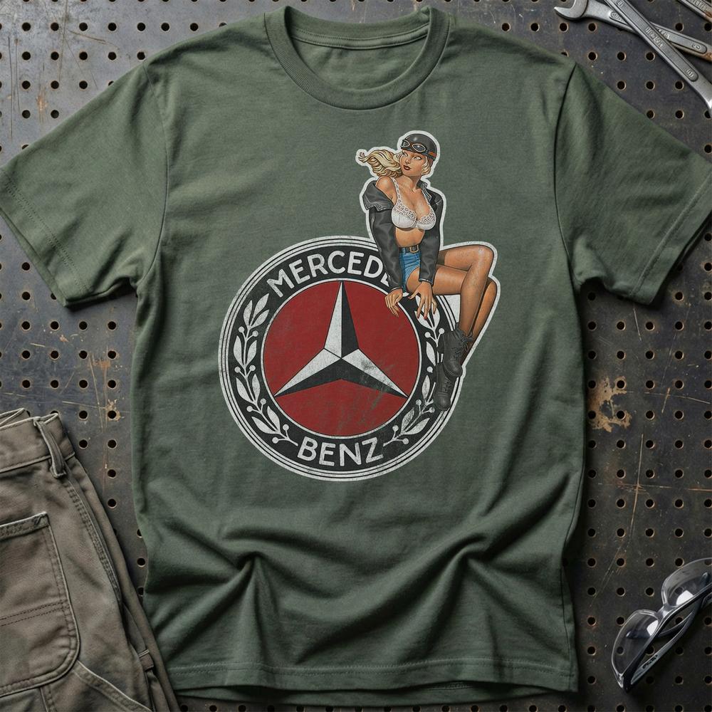 Mercedes Pinup T-Shirt-Beklædning-Mercedes-Grøn Militær-S-Garage Culture Shop- garage - man cave - merchandise