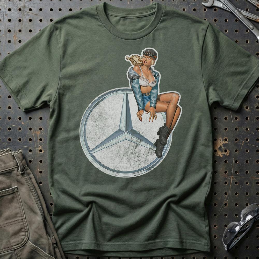 Mercedes Pinup T-Shirt-Beklædning-Mercedes-Grøn Militær-S-Garage Culture Shop- garage - man cave - merchandise