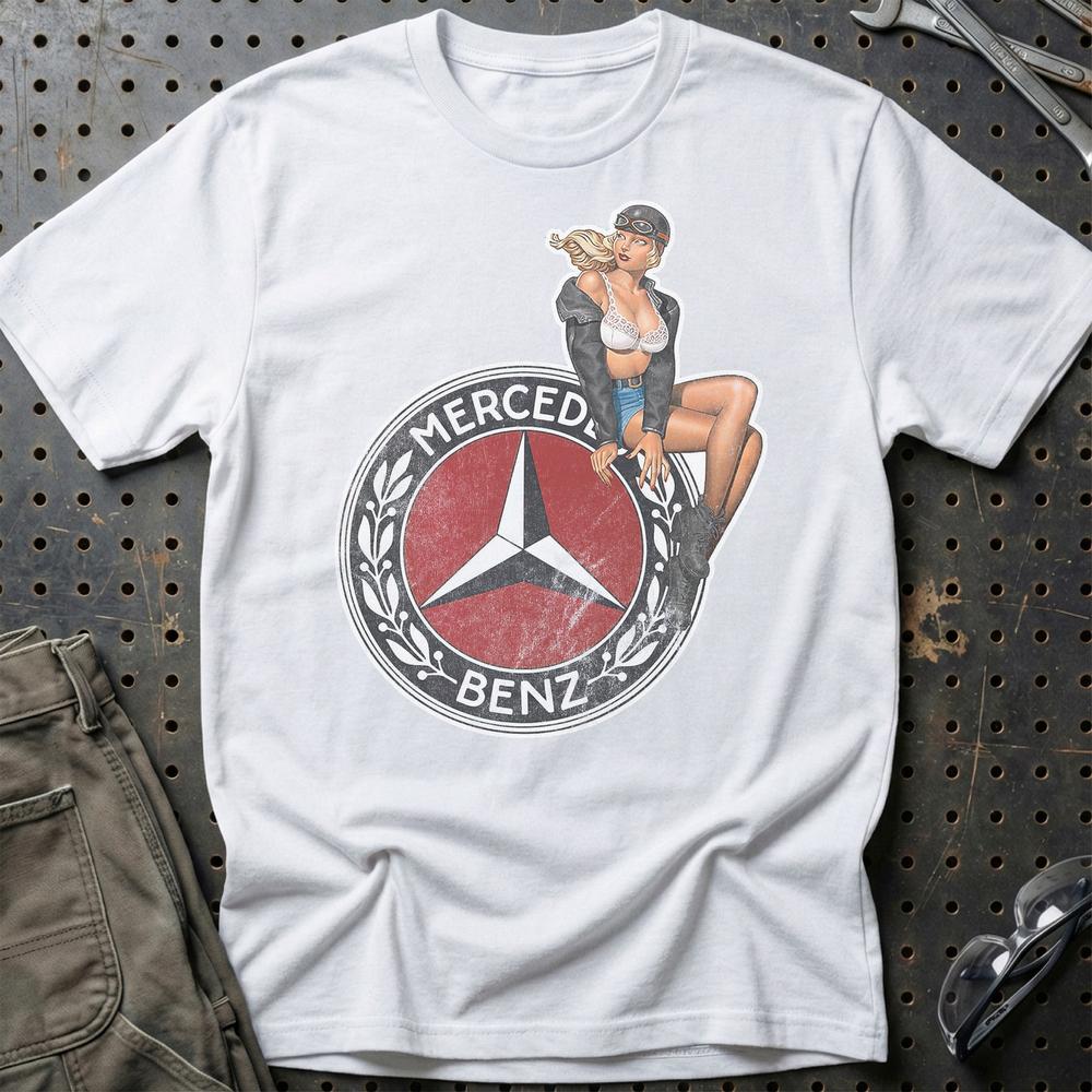 Mercedes Pinup - Unisex T-Shirt , Bomuld-Beklædning-Mercedes-Hvid-S-Garage Culture Shop- garage - man cave - merchandise