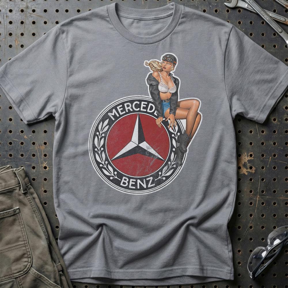 Mercedes Pinup - Unisex T-Shirt , Bomuld-Beklædning-Mercedes-Grå Sport-S-Garage Culture Shop- garage - man cave - merchandise