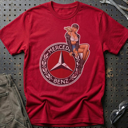 Mercedes Pinup - Unisex T-Shirt , Bomuld-Beklædning-Mercedes-Rød-S-Garage Culture Shop- garage - man cave - merchandise