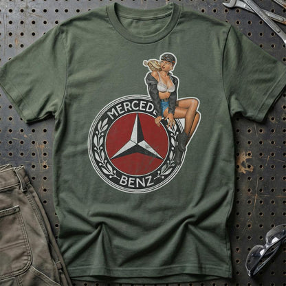 Mercedes Pinup - Unisex T-Shirt , Bomuld-Beklædning-Mercedes-Grøn Militær-S-Garage Culture Shop- garage - man cave - merchandise
