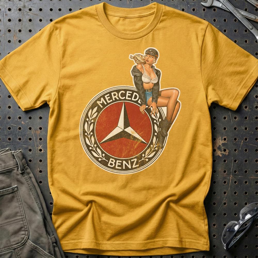 Mercedes Pinup - Unisex T-Shirt , Bomuld-Beklædning-Mercedes-Guld-S-Garage Culture Shop- garage - man cave - merchandise