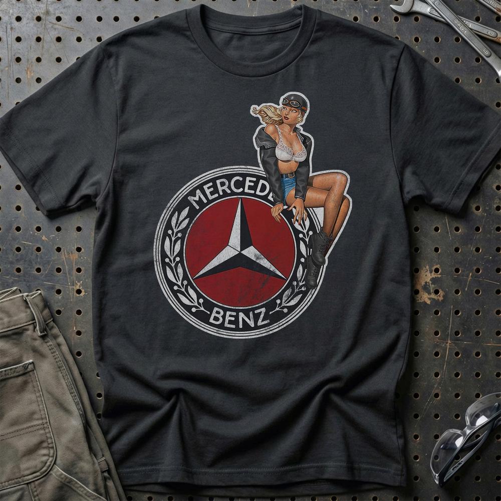 Mercedes Pinup - Unisex T-Shirt , Bomuld-Beklædning-Mercedes-Sort-S-Garage Culture Shop- garage - man cave - merchandise