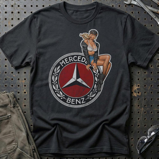 Mercedes Pinup - Unisex T-Shirt , Bomuld-Beklædning-Mercedes-Sort-S-Garage Culture Shop- garage - man cave - merchandise