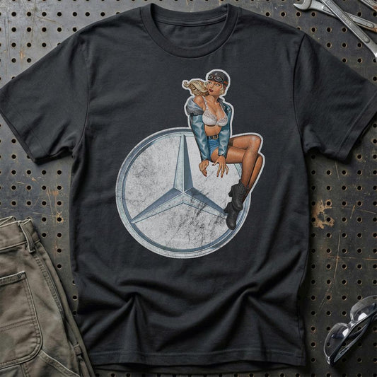 Mercedes Pinup - Unisex T-Shirt , Bomuld-Beklædning-Mercedes-Sort-S-Garage Culture Shop- garage - man cave - merchandise