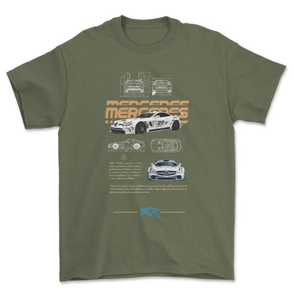 Mercedes SLR - Unisex T-Shirt , Bomuld-Beklædning-Mercedes-Grøn Militær-S-Forside-Garage Culture Shop- garage - man cave - merchandise