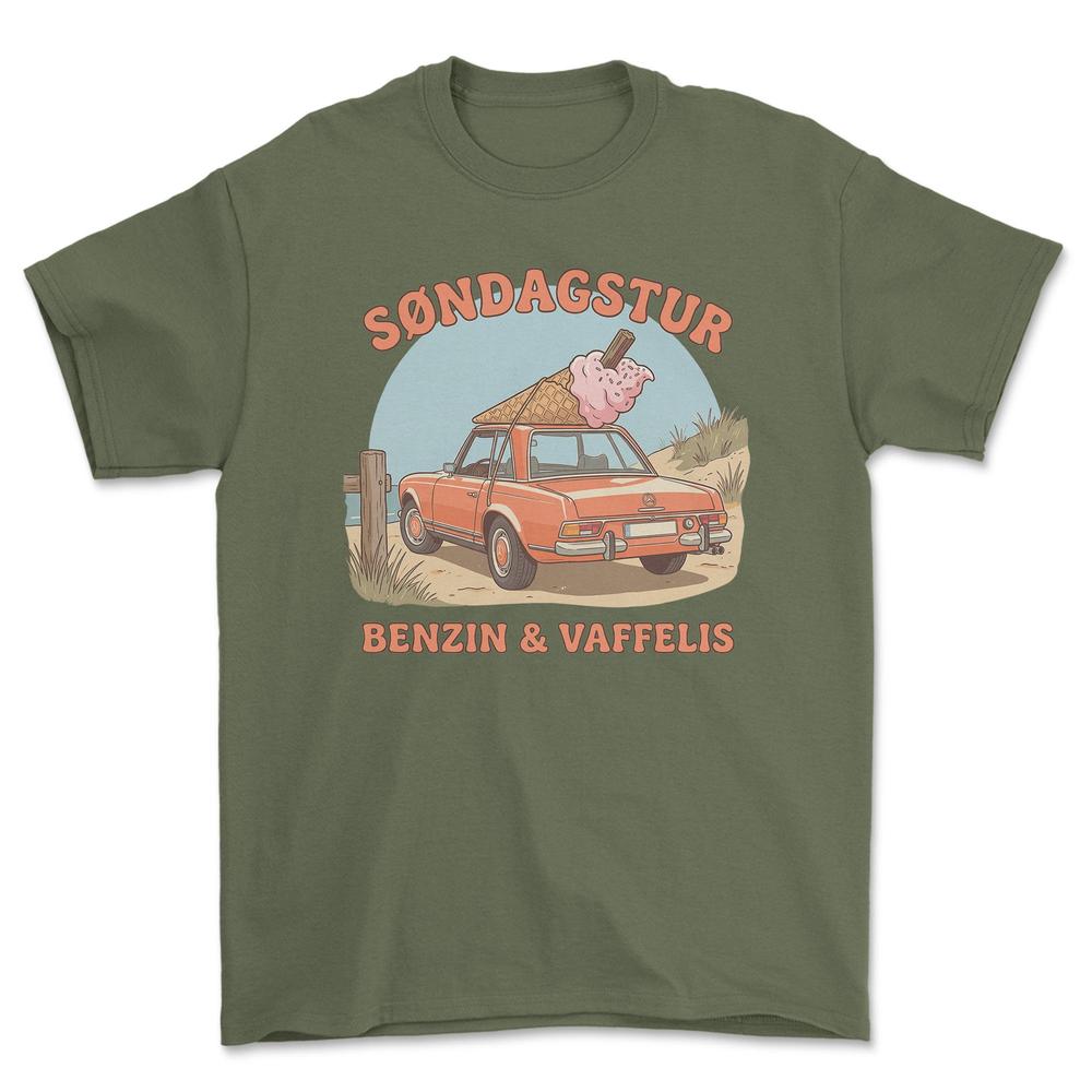 Mercedes Søndagstur - Benzin & Vaffelis T-Shirt-Beklædning-Mercedes-Grøn Militær-S-Garage Culture Shop- garage - man cave - merchandise