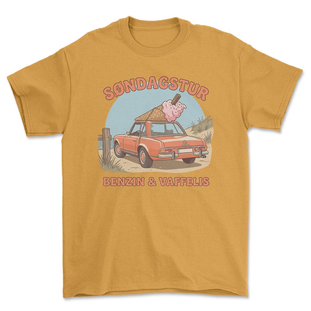 Mercedes Søndagstur - Benzin & Vaffelis T-Shirt-Beklædning-Mercedes-Guld-S-Garage Culture Shop- garage - man cave - merchandise