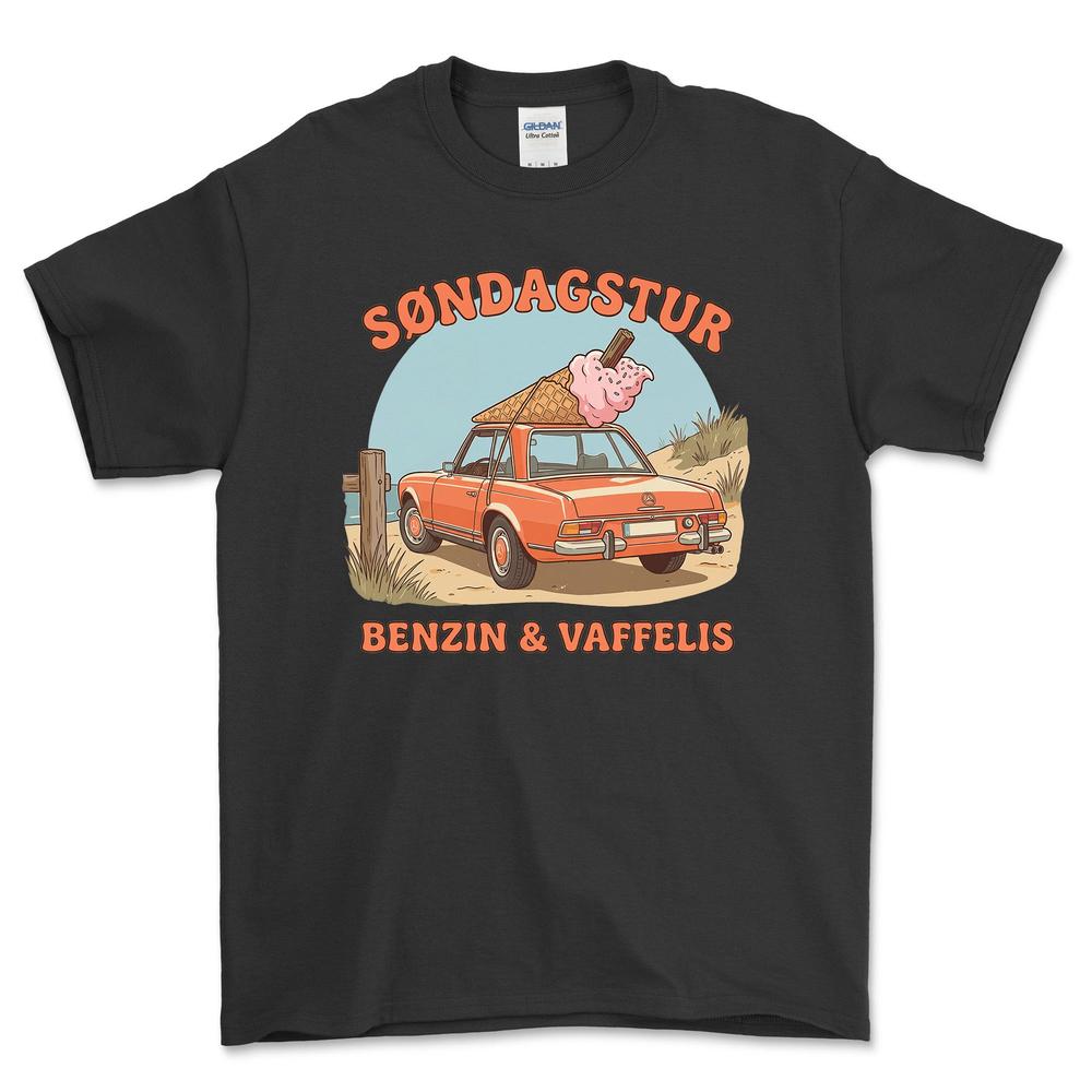Mercedes Søndagstur - Benzin & Vaffelis T-Shirt-Beklædning-Mercedes-Sort-S-Garage Culture Shop- garage - man cave - merchandise