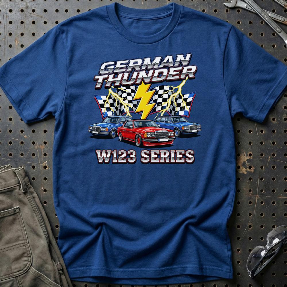 Mercedes W123 German Thunder T-Shirt-Beklædning-Mercedes-Blå Royal-S-Garage Culture Shop- garage - man cave - merchandise