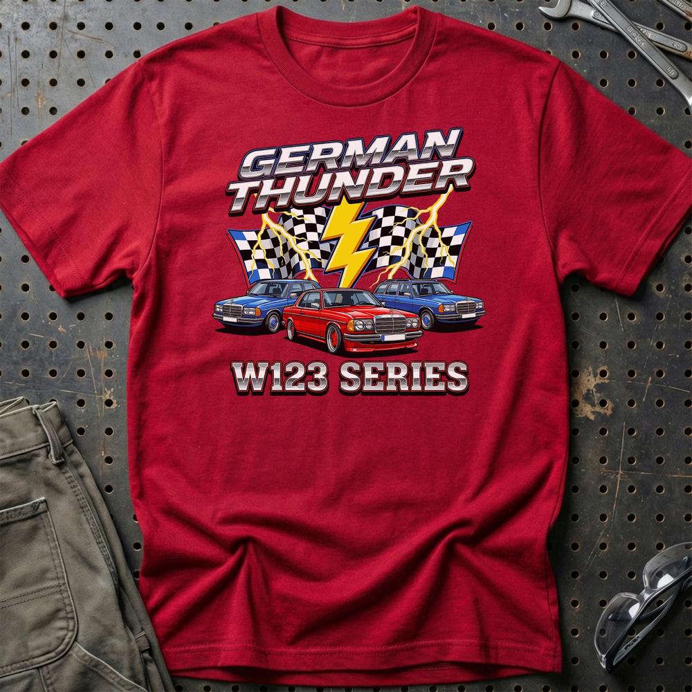 Mercedes W123 German Thunder T-Shirt-Beklædning-Mercedes-Rød-S-Garage Culture Shop- garage - man cave - merchandise