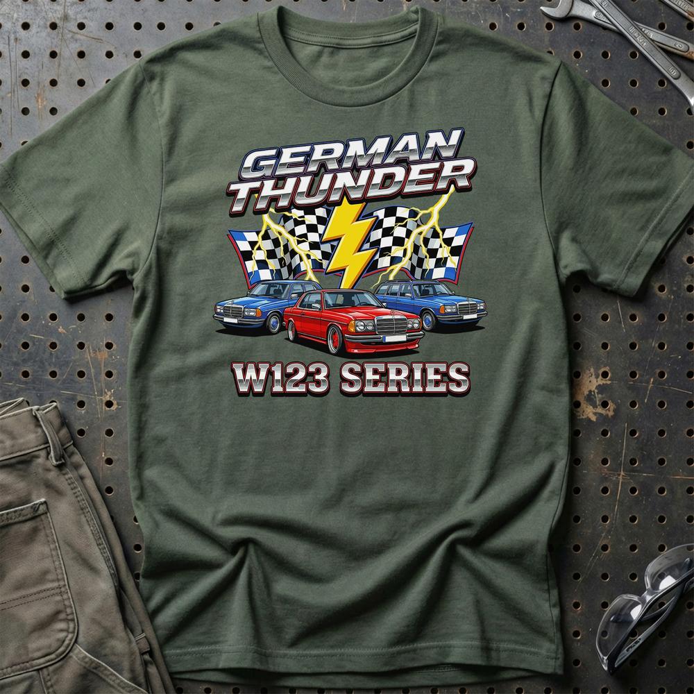 Mercedes W123 German Thunder T-Shirt-Beklædning-Mercedes-Grøn Militær-S-Garage Culture Shop- garage - man cave - merchandise