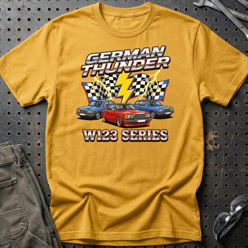 Mercedes W123 German Thunder T-Shirt-Beklædning-Mercedes-Guld-S-Garage Culture Shop- garage - man cave - merchandise