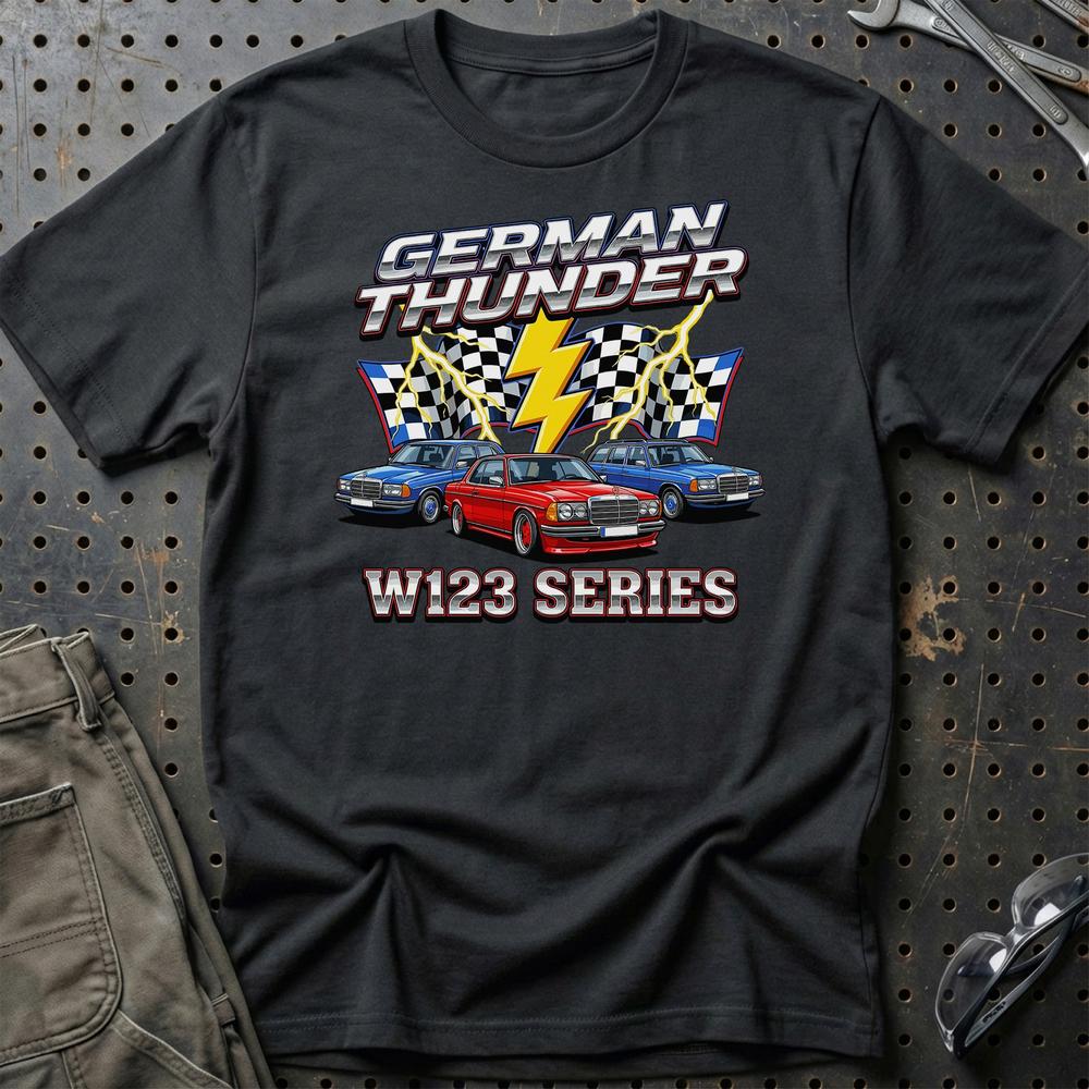 Mercedes W123 German Thunder T-Shirt-Beklædning-Mercedes-Sort-S-Garage Culture Shop- garage - man cave - merchandise
