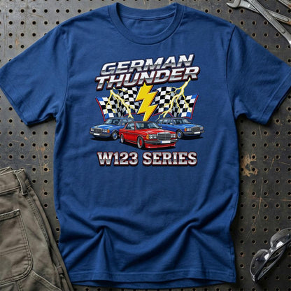 Mercedes W123 German Thunder - Unisex T-Shirt-Beklædning-Mercedes-Blå Royal-S-Garage Culture Shop- garage - man cave - merchandise