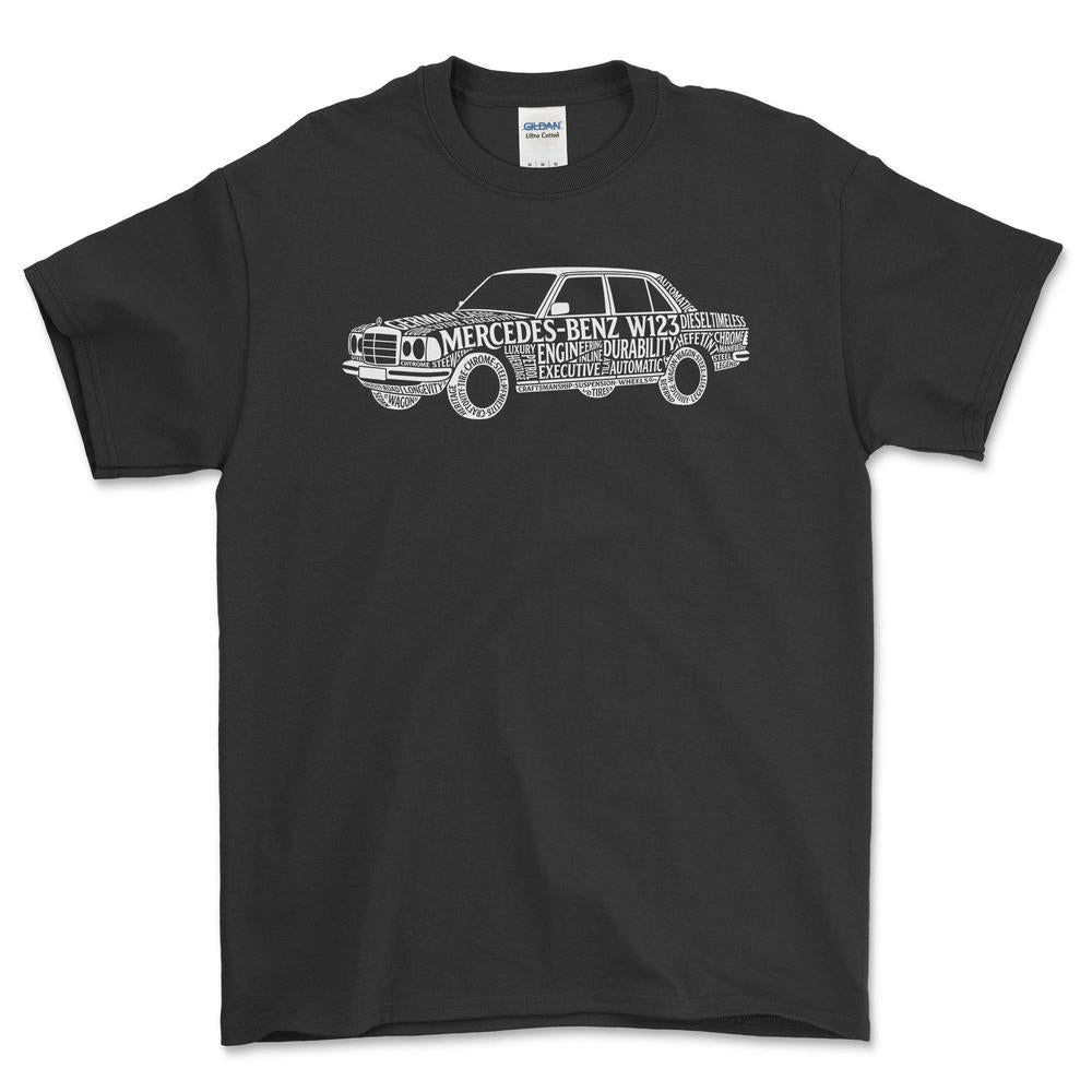 Mercedes W123 Old School Typography T-Shirt-Beklædning-Mercedes-Sort-S-Garage Culture Shop- garage - man cave - merchandise