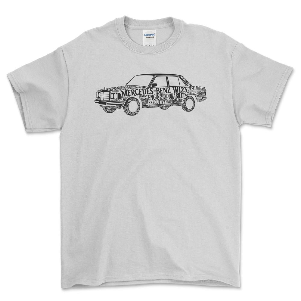 Mercedes W123 Old School Typography - Unisex T-Shirt-Beklædning-Mercedes-Hvid-S-Forside-Garage Culture Shop- garage - man cave - merchandise