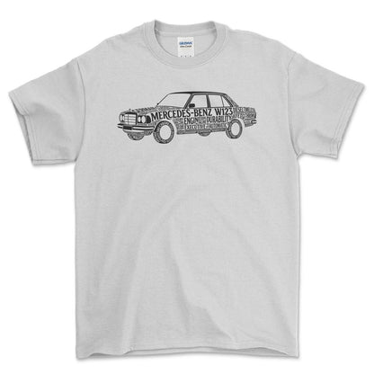 Mercedes W123 Old School Typography - Unisex T-Shirt-Beklædning-Mercedes-Hvid-S-Forside-Garage Culture Shop- garage - man cave - merchandise