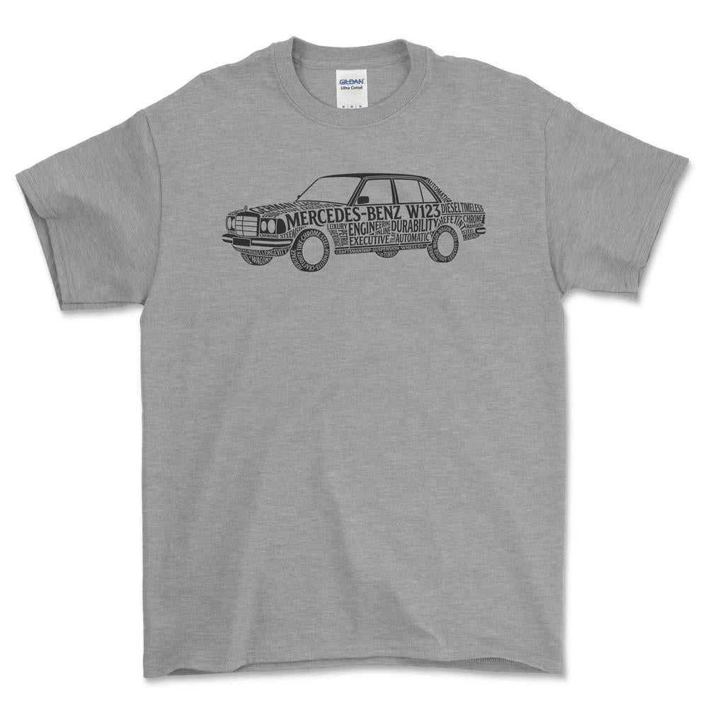 Mercedes W123 Old School Typography - Unisex T-Shirt-Beklædning-Mercedes-Grå Sport-S-Forside-Garage Culture Shop- garage - man cave - merchandise