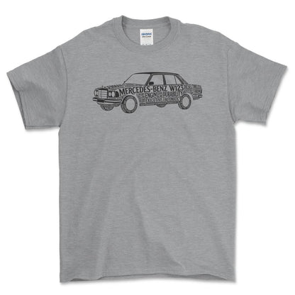 Mercedes W123 Old School Typography - Unisex T-Shirt-Beklædning-Mercedes-Grå Sport-S-Forside-Garage Culture Shop- garage - man cave - merchandise