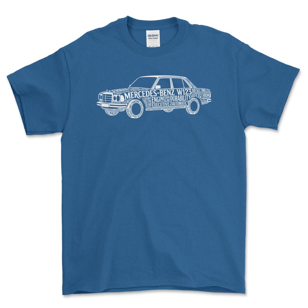 Mercedes W123 Old School Typography - Unisex T-Shirt-Beklædning-Mercedes-Blå Royal-S-Forside-Garage Culture Shop- garage - man cave - merchandise