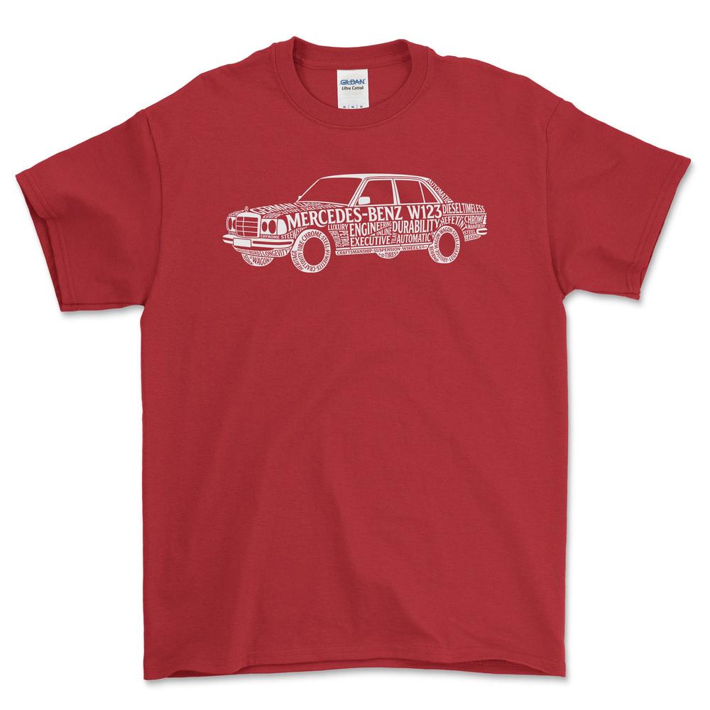 Mercedes W123 Old School Typography - Unisex T-Shirt-Beklædning-Mercedes-Rød-S-Forside-Garage Culture Shop- garage - man cave - merchandise