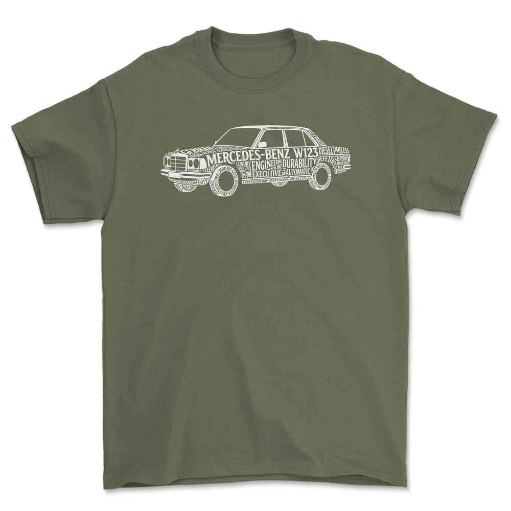 Mercedes W123 Old School Typography - Unisex T-Shirt-Beklædning-Mercedes-Grøn Militær-S-Forside-Garage Culture Shop- garage - man cave - merchandise
